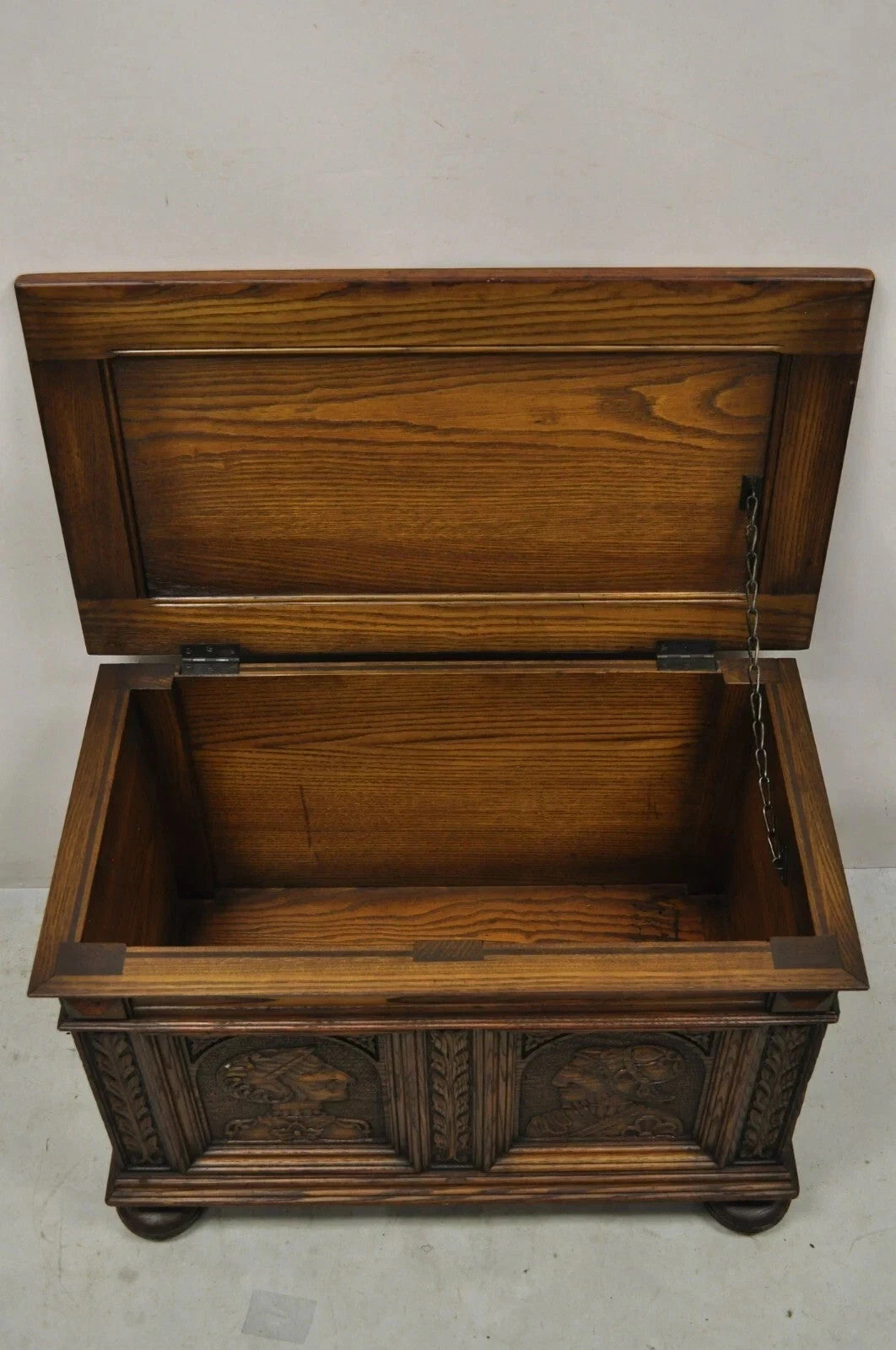 Antique Jacobean Oak Wood Figural Bust Carved Blanket Chest Trunk on Bun Feet