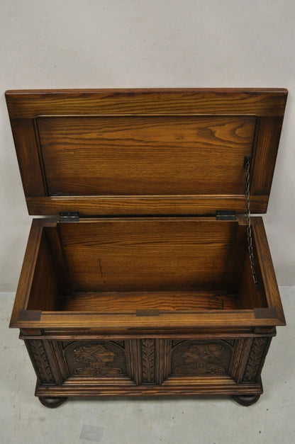 Antique Jacobean Oak Wood Figural Bust Carved Blanket Chest Trunk on Bun Feet