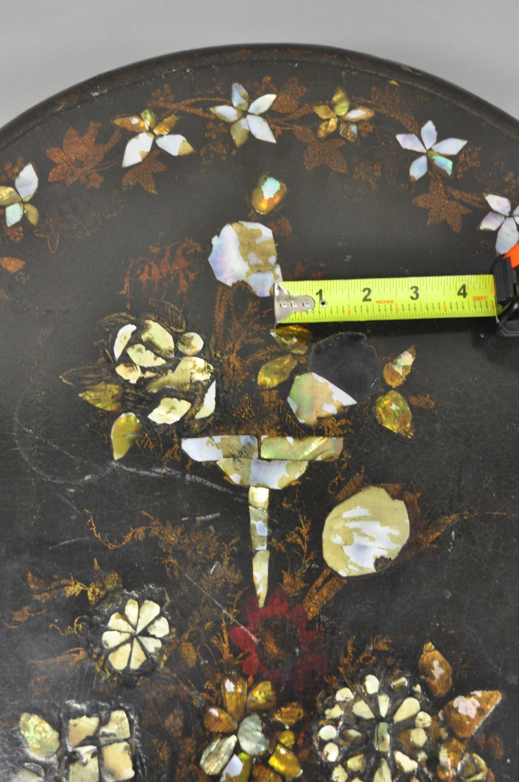 Antique English Victorian Mother of Pearl Inlay Black Lacquer Tilt Top Table