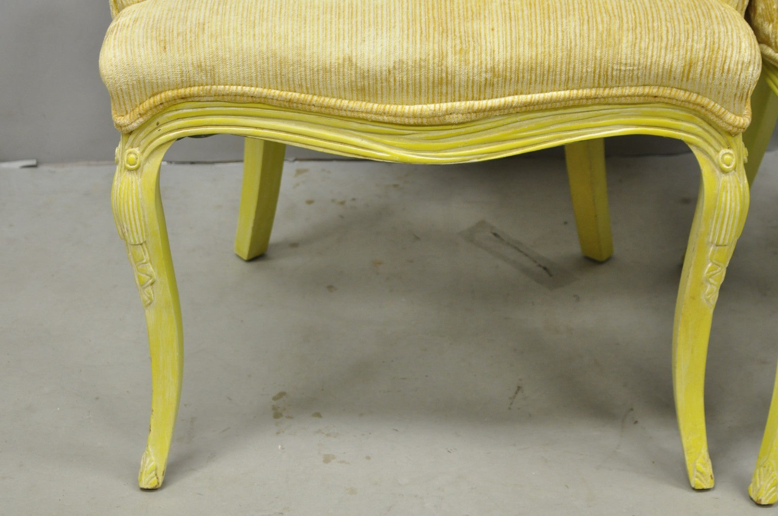 Vintage French Hollywood Regency Yellow Tufted Drape Carved Side Chairs - a Pair