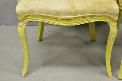 Vintage French Hollywood Regency Yellow Tufted Drape Carved Side Chairs - a Pair