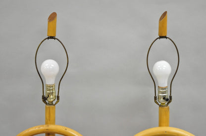 Vinatge Mid Century Modern Bentwood Bamboo Tiki Rattan Hoop Table Lamps - a Pair