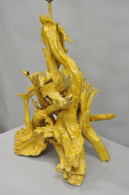 Vintage Mid Century Modern Large Driftwood Yellow Painted Tiki Room Table Lamp