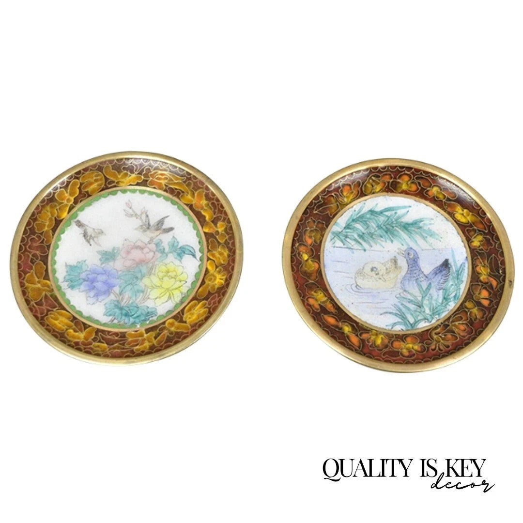 Vintage Chinese Brass Enamel Cloisonne Small Trinket Dish Set Brown - Set of 2
