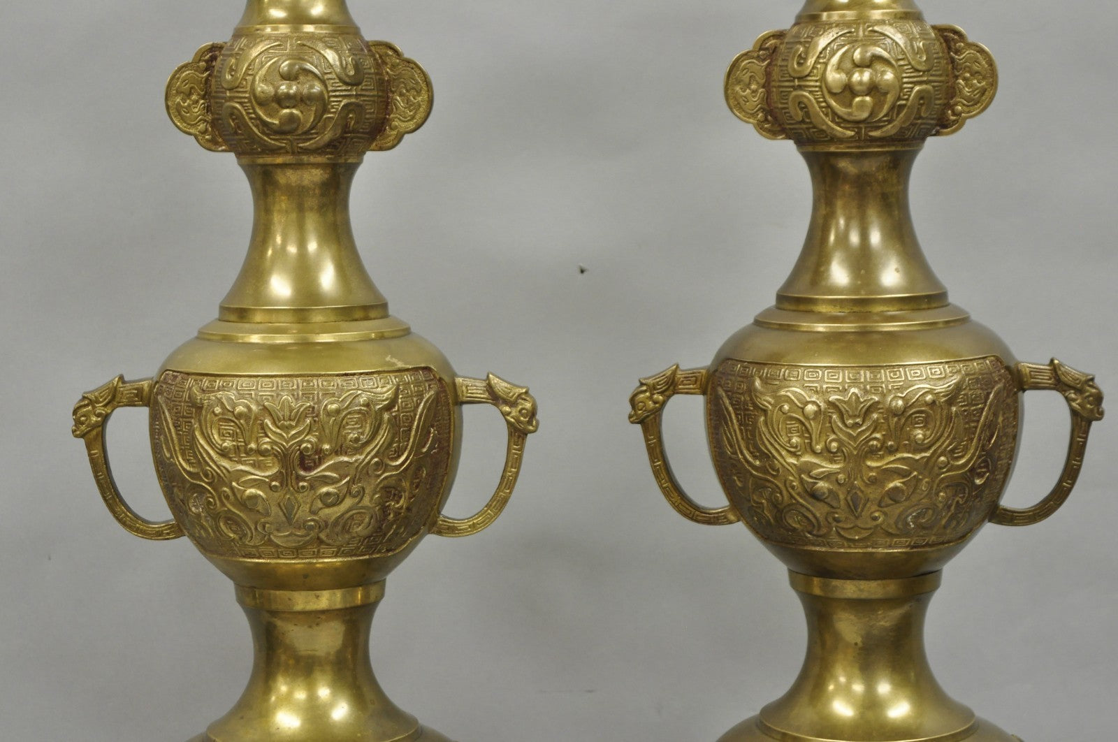Vintage Chinoiserie James Mont Style Bronze Chinese Foo Dog Table Lamps (B) Pair