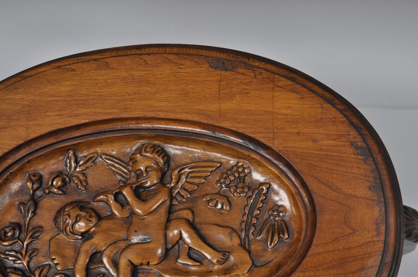 French Renaissance Style Glass Top Tray Coffee Table with Carved Cherubs Angels