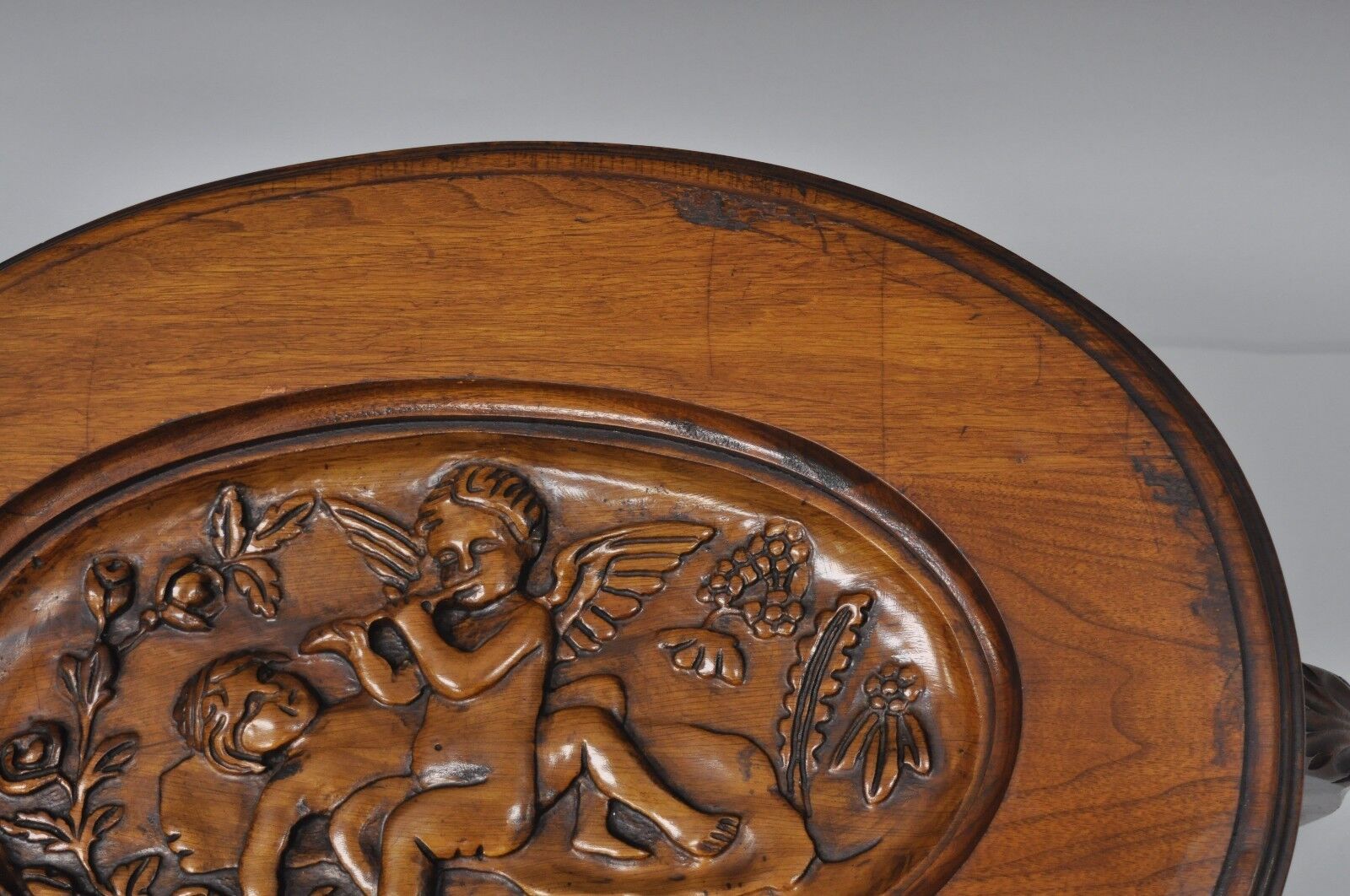 French Renaissance Style Glass Top Tray Coffee Table with Carved Cherubs Angels