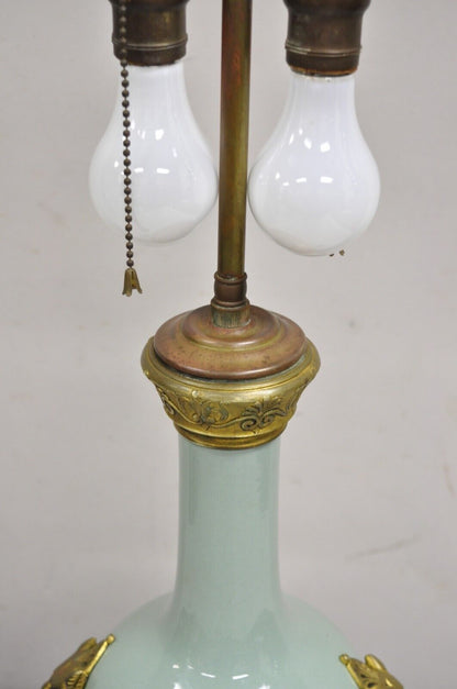 Antique French Celadon Green Bulbous Porcelain Table Lamp w/ Bronze Lion Ormolu