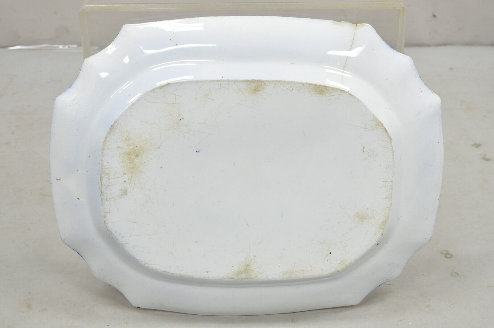 Antique Flow Blue and White Transferware Ironstone Platter Dish w Chinese Dragon