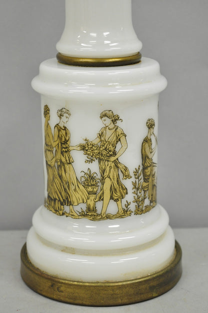 Vintage Italian Neoclassical Style White Milk Glass Empire Column Table Lamp