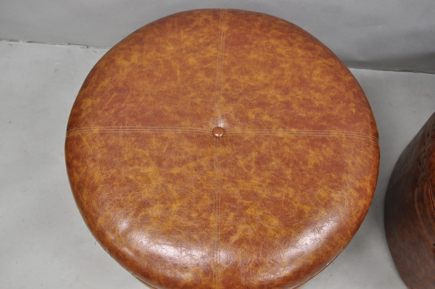 Contemporary Modern Moroccan Style Brown Faux Leather Round Storage Ottoman Pair