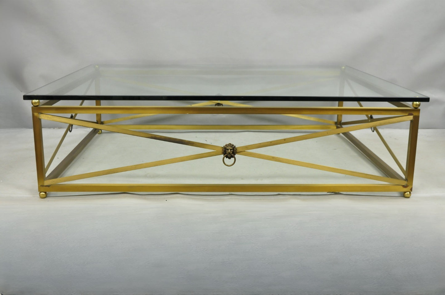 Large Regency Style Burnished Brass Rectangular Glass Top Coffee Table w/ Lions