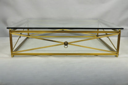 Large Regency Style Burnished Brass Rectangular Glass Top Coffee Table w/ Lions
