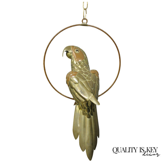 Vintage Sergio Bustamante Style Brass & Copper Parrot Swing Hanging Sculpture