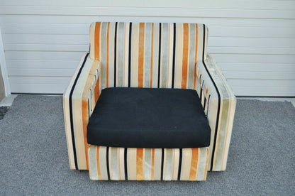 Large Hollywood Regency Modern Striped Upholstered Lounge Club Movie Arm Chair