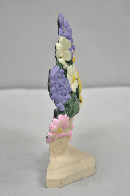 Antique Victorian Cast Iron Figural Floral Bouquet Basket Pink Painted Door Stop