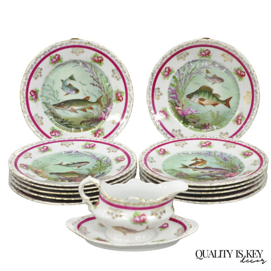 (12) Victoria Carlsbad Austria 8 3/8" Porcelain Fish Plates & Gravy Sauce Boat