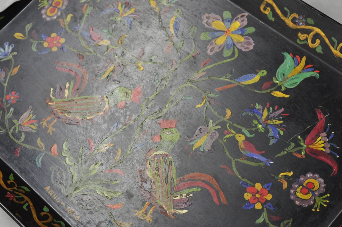 Vintage Lida Bell Clark French Country PA Dutch Hand Painted Toleware Metal Tray