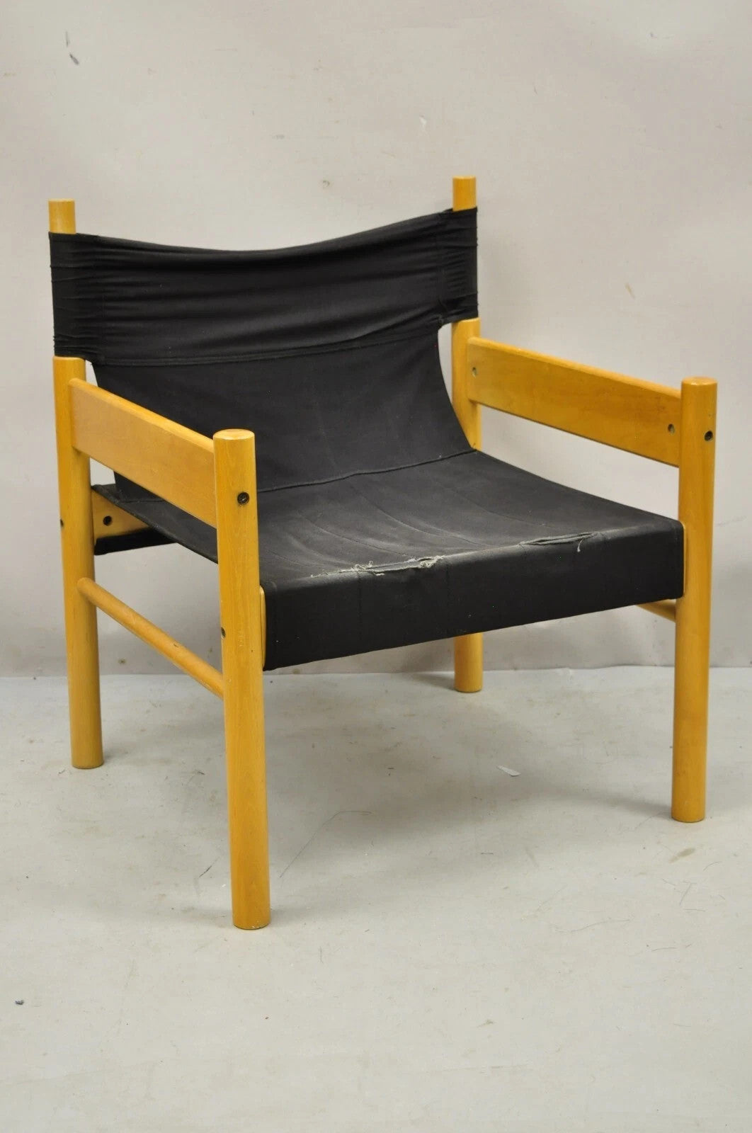 Vintage Mid Century Modern Scandinavian Black Canvas Birch Wood Lounge Chair