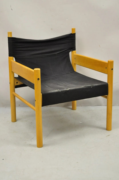 Vintage Mid Century Modern Scandinavian Black Canvas Birch Wood Lounge Chair