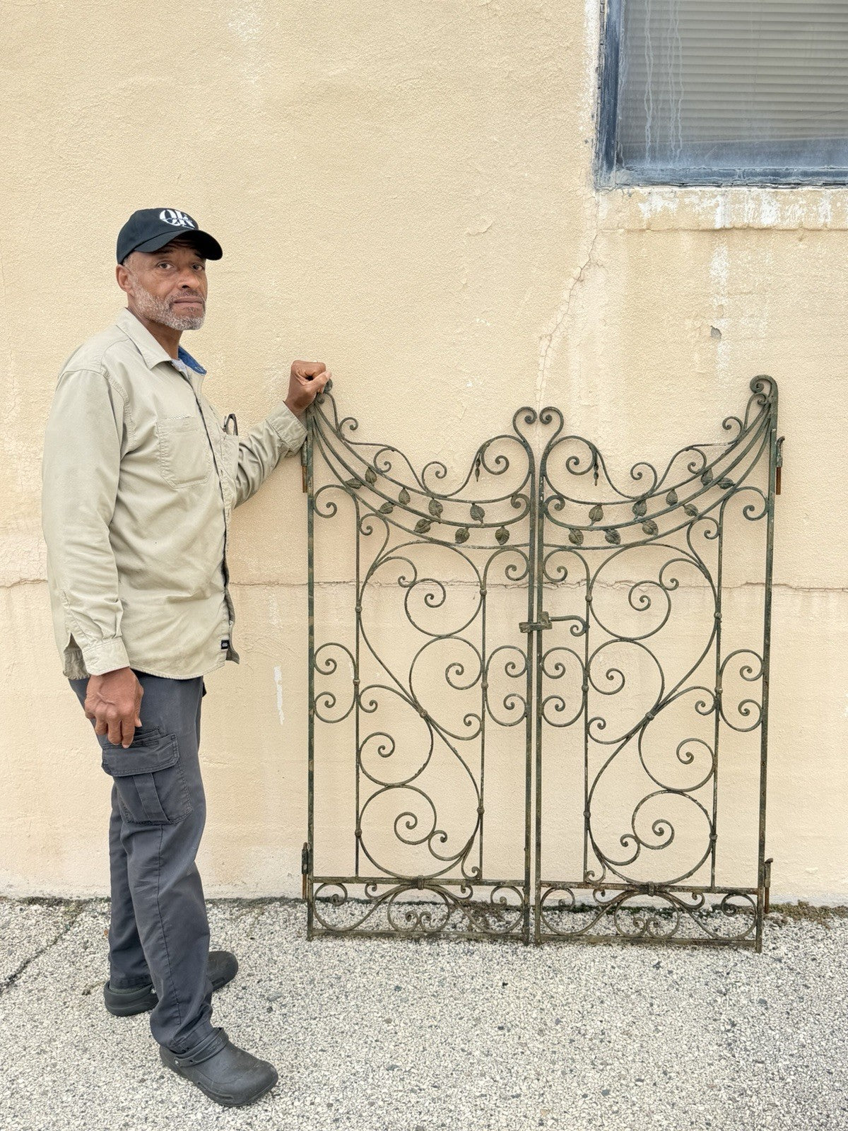 Antique Spanish Renaissance Scrolling Wrought Iron 57 x 45 Garden Entry Gate Set