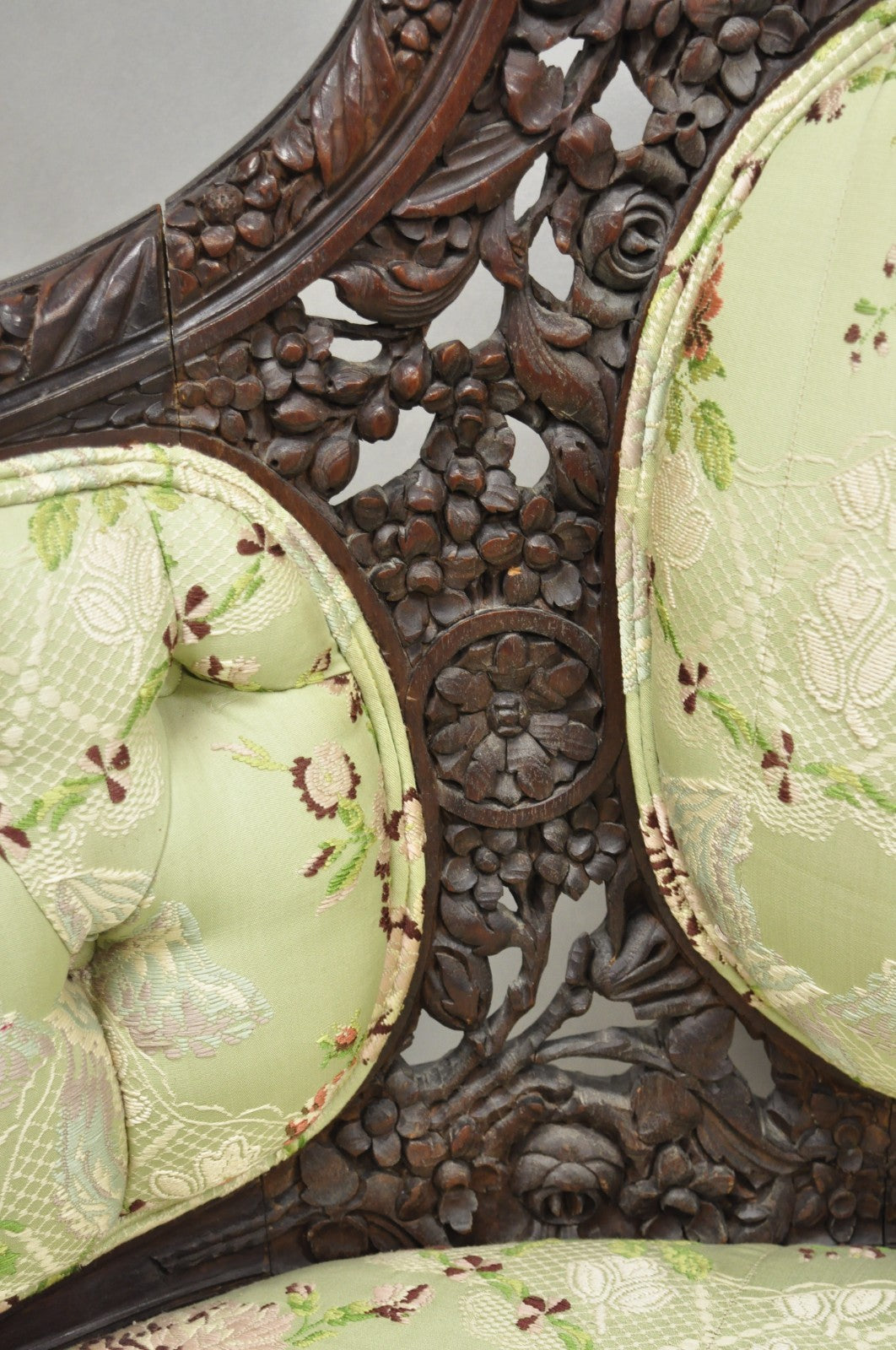 Antique Italian Renaissance Carved Walnut French Victorian Rams Head Green Sofa