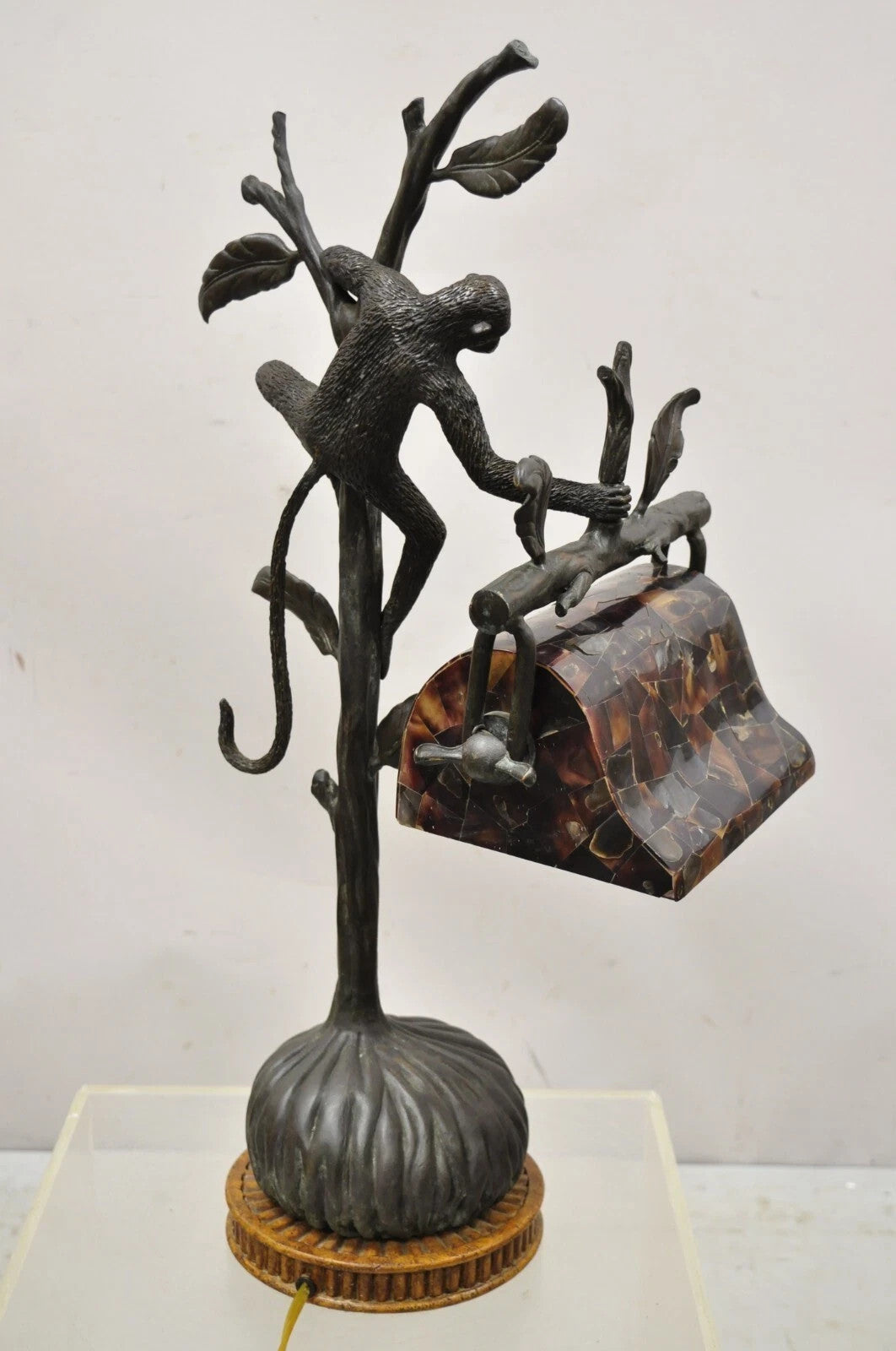 Maitland Smith Figural Bronze Monkey Desk Table Lamp Adjustable Pen Shell Shade
