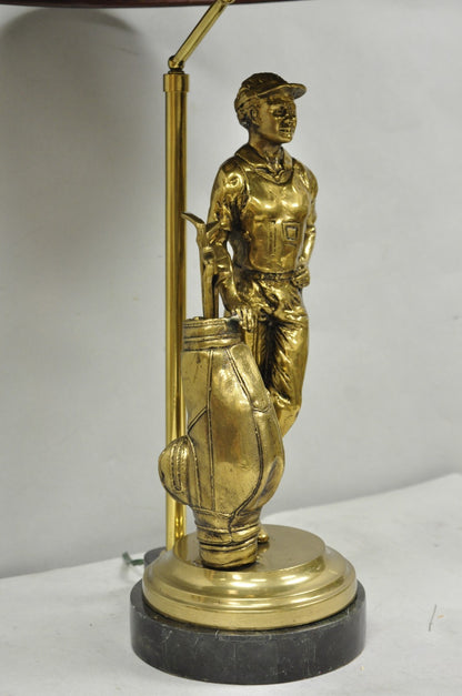 Vintage Maitland Smith Bronze Figure Golfer Sculpture Table Lamp w Leather Shade