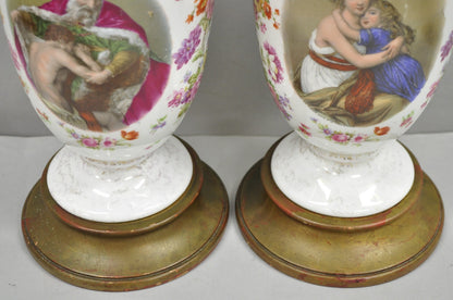 Antique French Renaissance Victorian Porcelain Urn Figural Cameo Table Lamp Pair