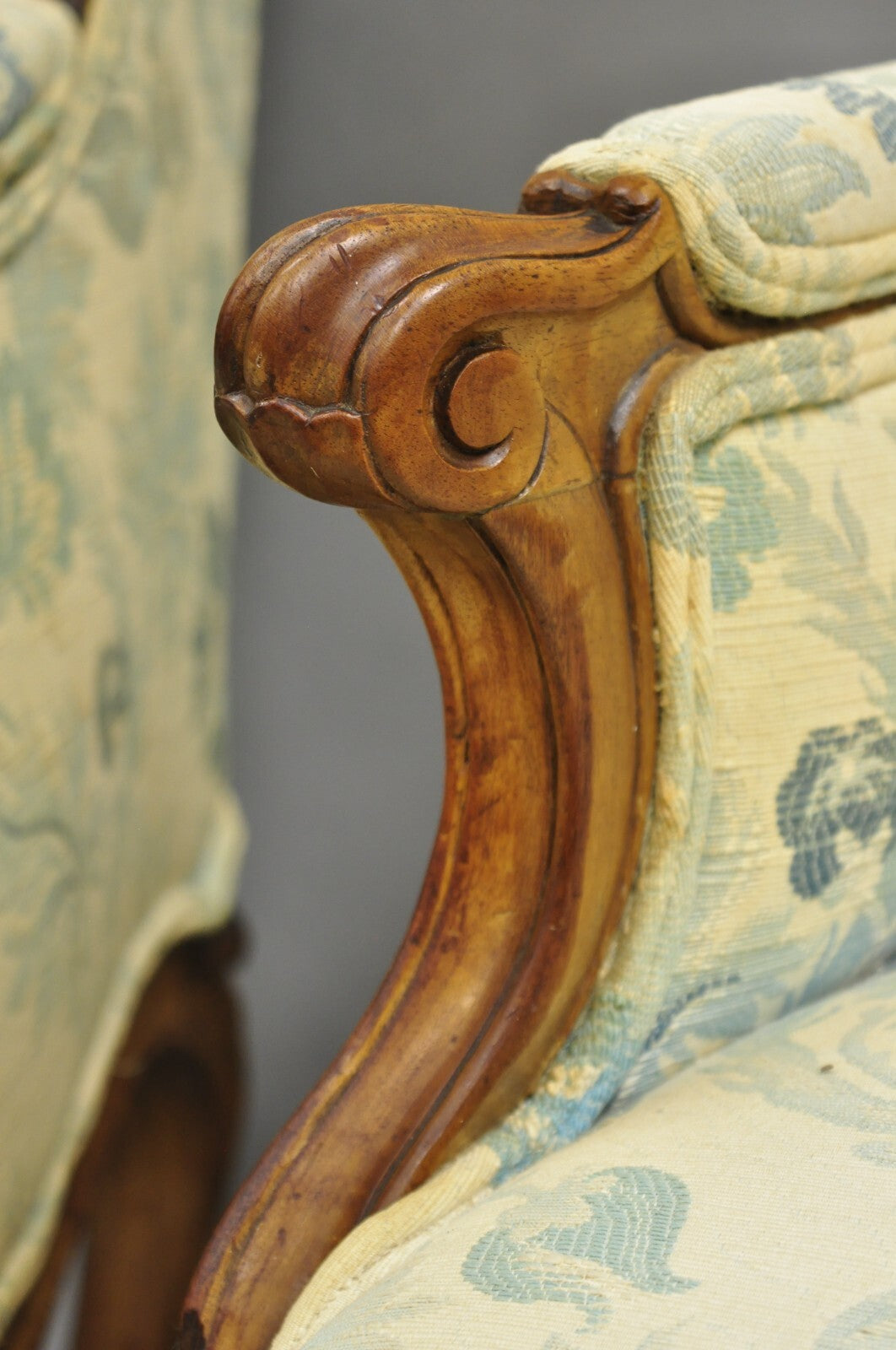 Antique French Country Provincial Carved Walnut Wingback Lounge Chairs Pair