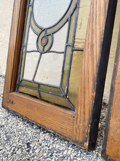 Antique Victorian Green Stained Glass Window Orange Jewel in Wood Frame Set of 3
