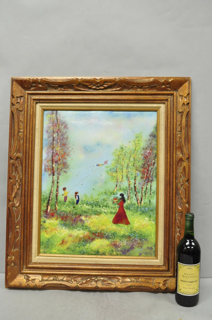 Vintage Louis Cardin Enamel on Copper Painting Framed "Woman with Boys & Kite"