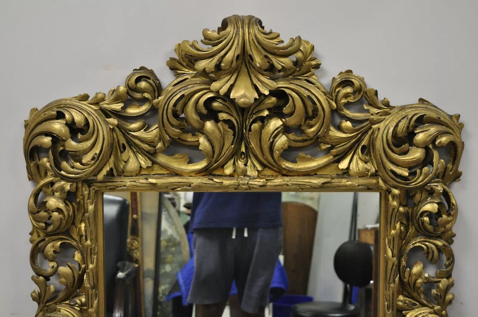 19th C French Rococo Gold Giltwood Relief Carved Wood Acanthus Leaf Wall Mirror
