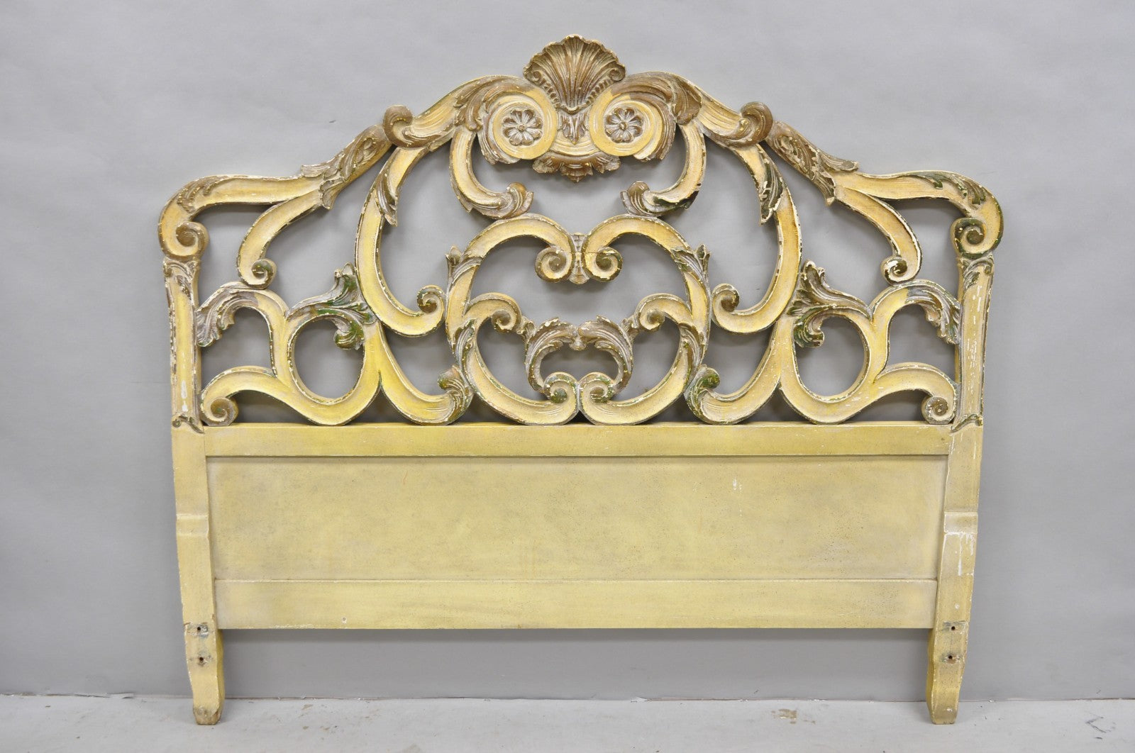 Vintage French Rococo Distressed Cream Painted Queen Size Wood Bed Headboard