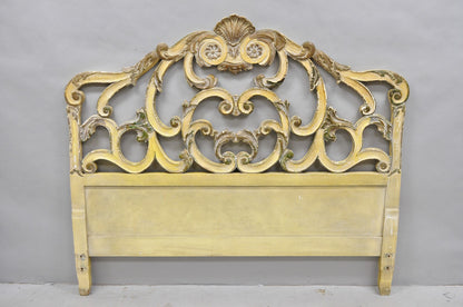 Vintage French Rococo Distressed Cream Painted Queen Size Wood Bed Headboard