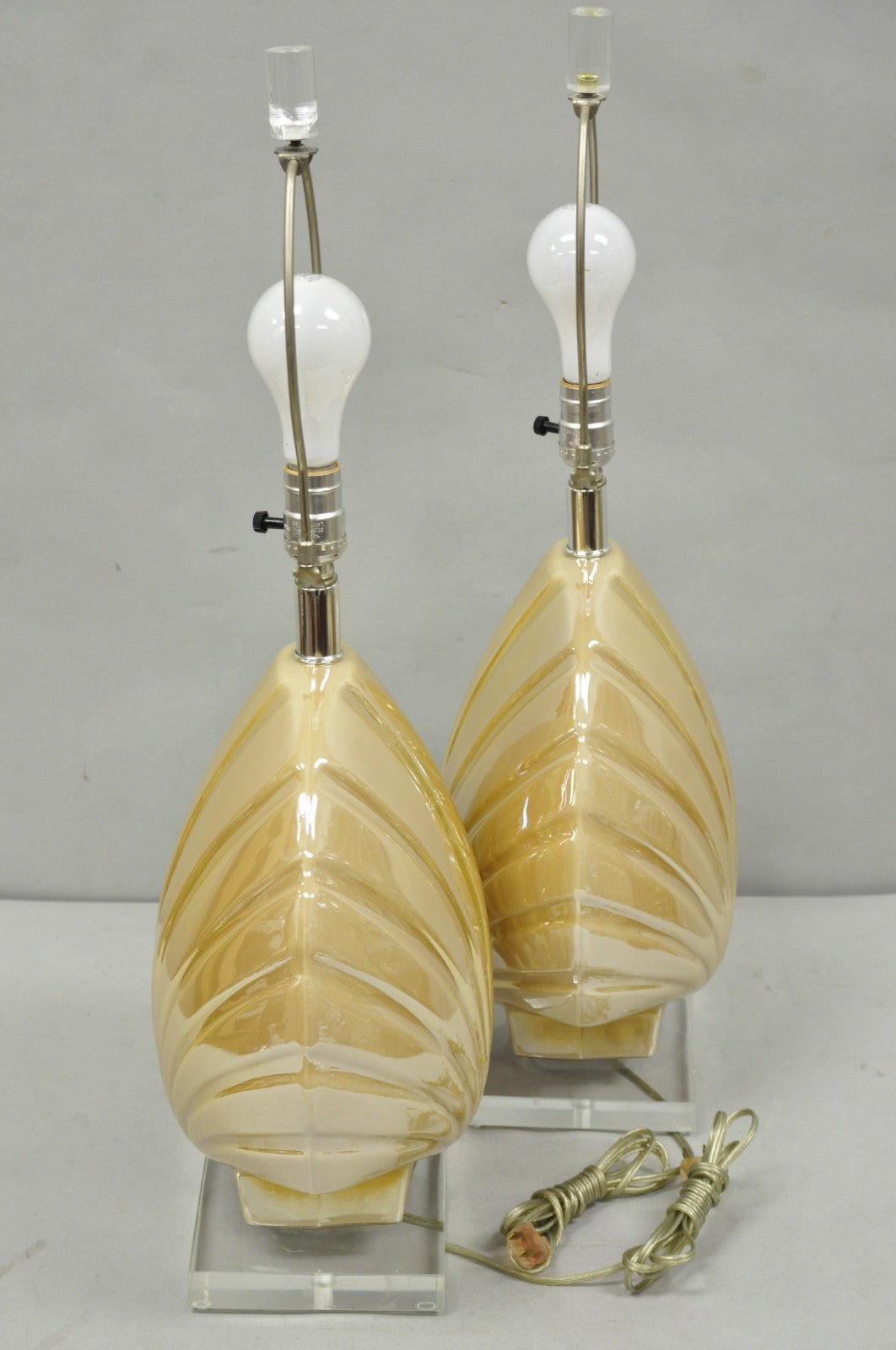 Mid Century Modern Iridescent Gold Ceramic Pottery Clam Shell Table Lamp - Pair