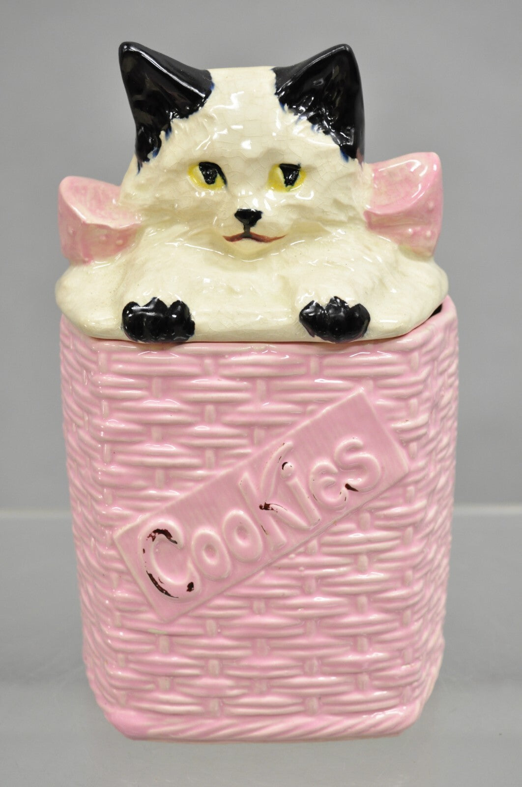 Vintage McCoy Pottery White and Black Cat Kitten Kitty in Pink Basket Cookie Jar