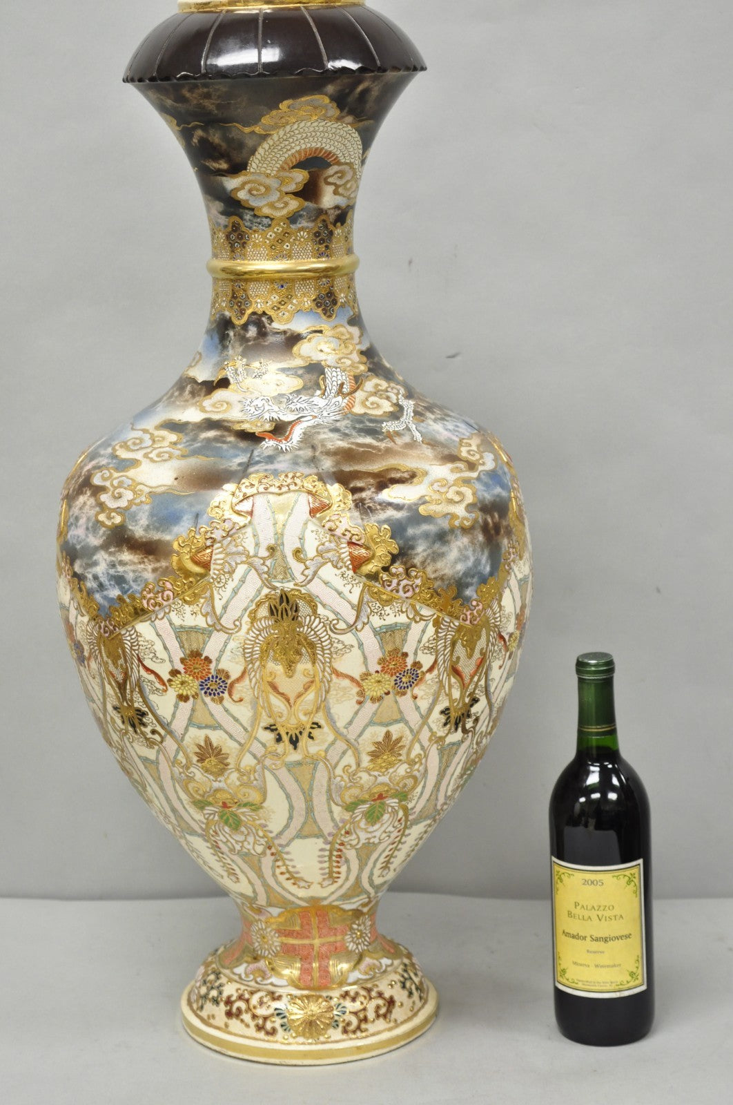 Vintage 30" Japanese Royal Satsuma Hand Painted Porcelain Oriental Dragon Vase