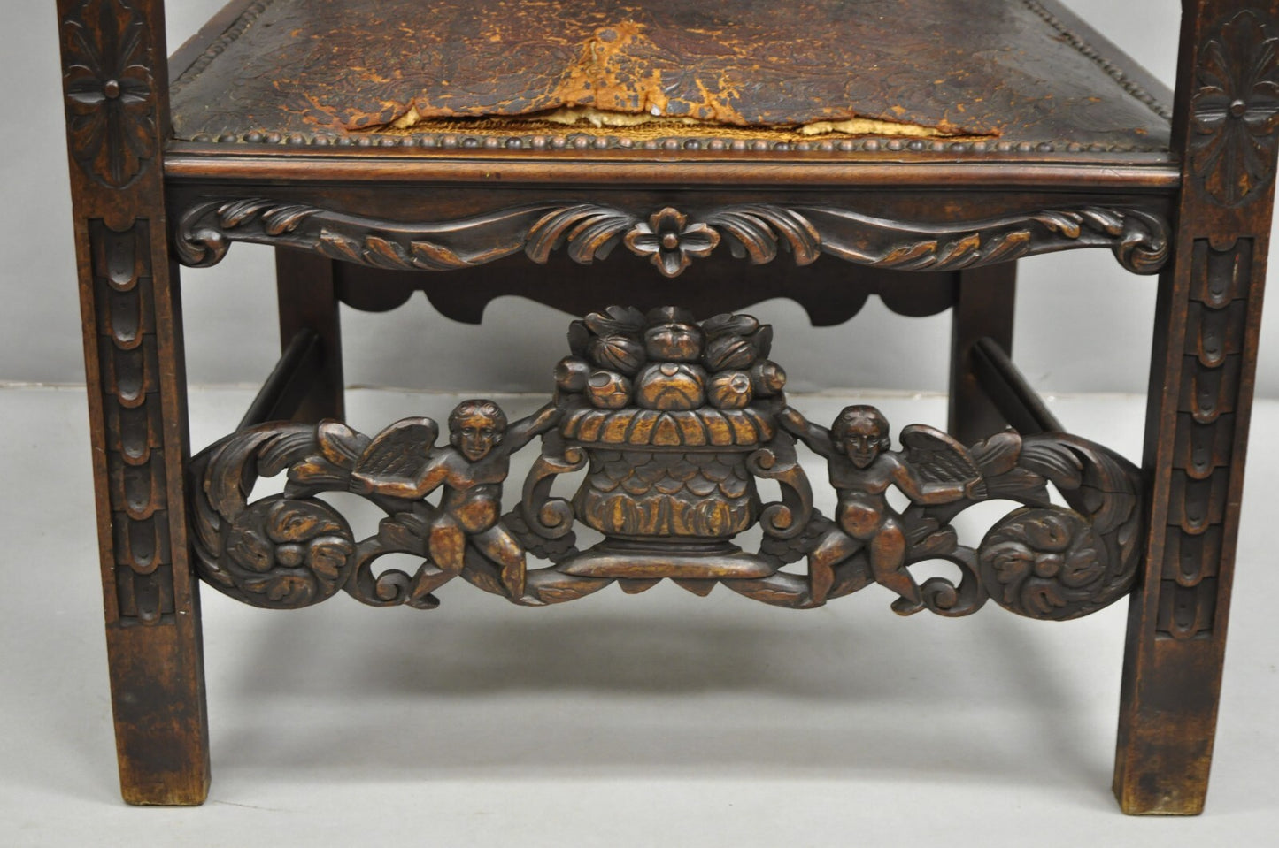 Antique Italian Renaissance Carved Walnut Throne Arm Chair w/ Winged Cherubs