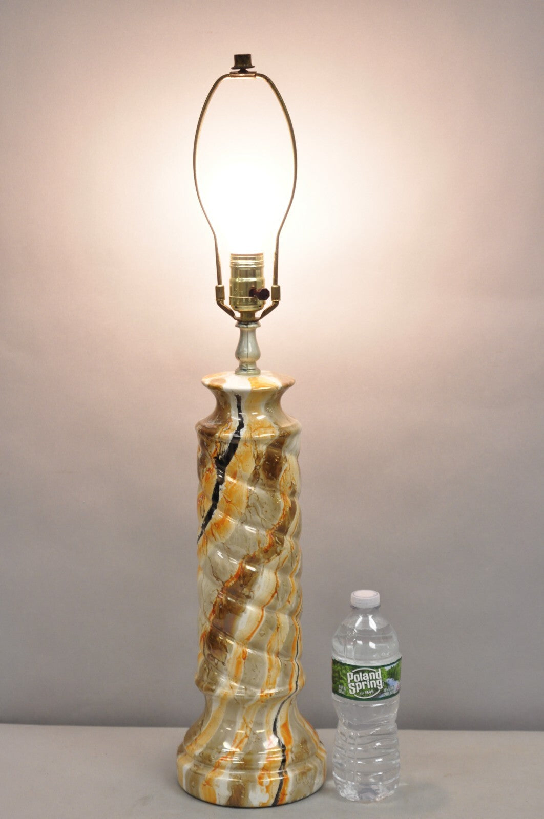 Vintage Mid Century Modern Glazed Pottery Orange Faux Marble Column Table Lamp