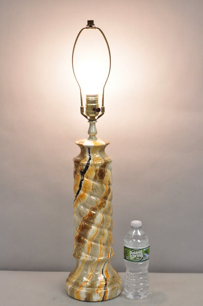 Vintage Mid Century Modern Glazed Pottery Orange Faux Marble Column Table Lamp
