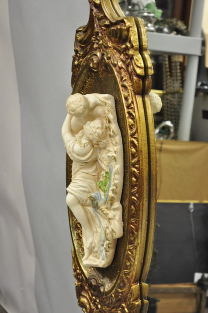Vintage French Rococo Large Gold Wall Mirror with Bisque Figural Lovers Plaques
