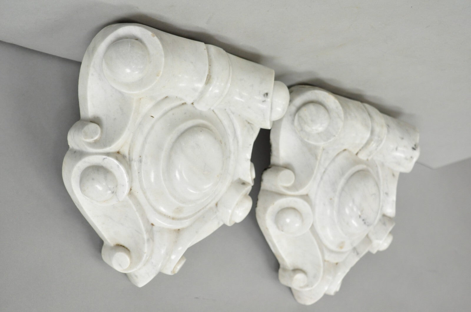Antique Neoclassical Carved Marble Mantel Keystone Architectural Element - Pair