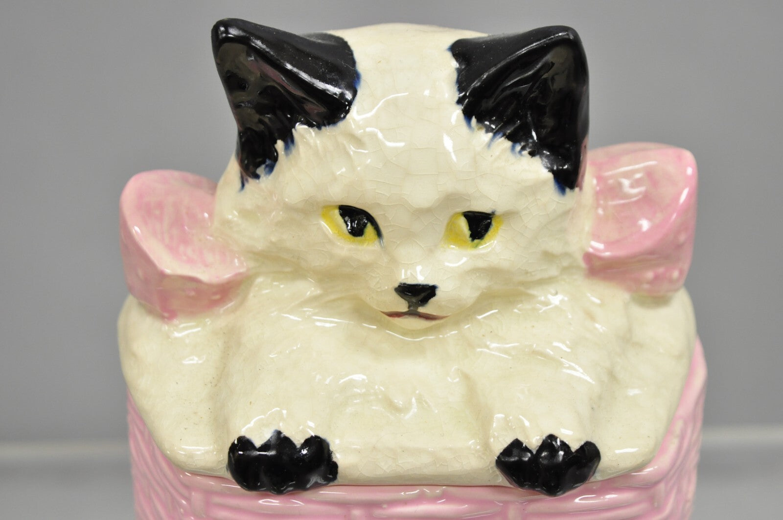Vintage McCoy Pottery White and Black Cat Kitten Kitty in Pink Basket Cookie Jar
