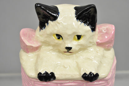 Vintage McCoy Pottery White and Black Cat Kitten Kitty in Pink Basket Cookie Jar