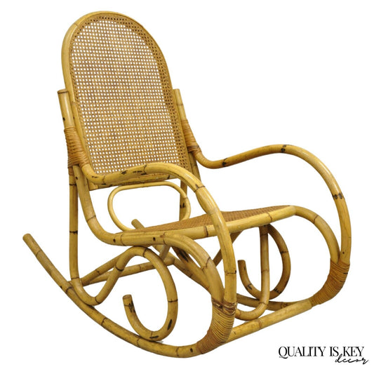 Vintage Mid Century Modern Bentwood Bamboo Rattan Cane Rocking Chair Rocker