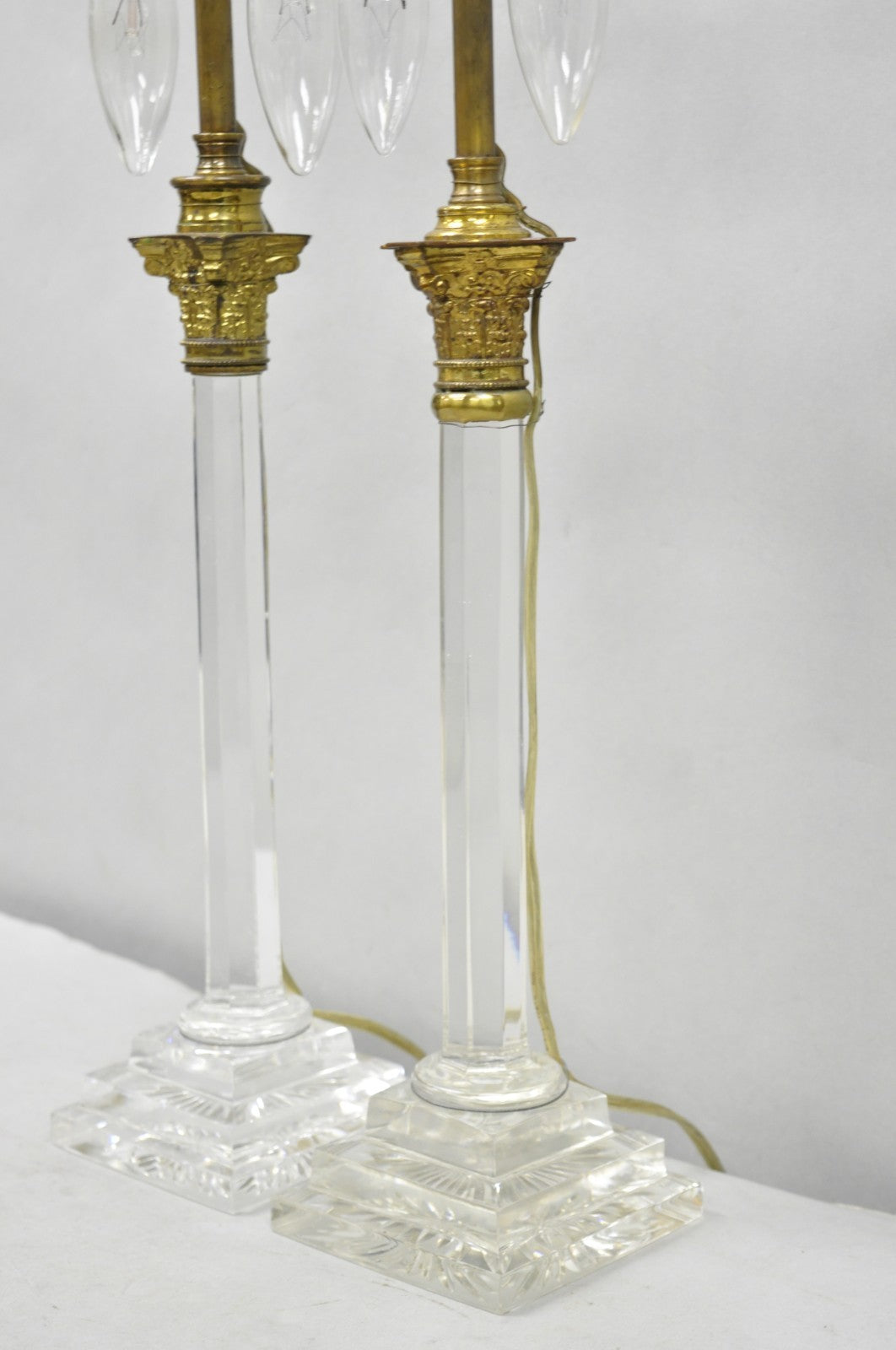 Antique Brass Corinthian Column Crystal Glass Candlestick Small Table Lamps Pair
