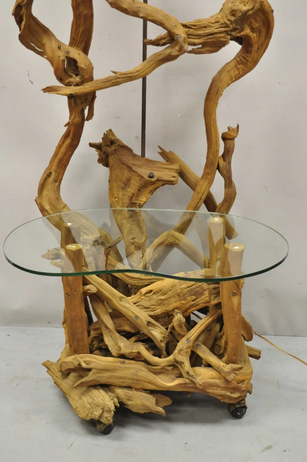 Vintage Mid Century Modern Large Driftwood Floor Lamp Kidney Glass Side Table