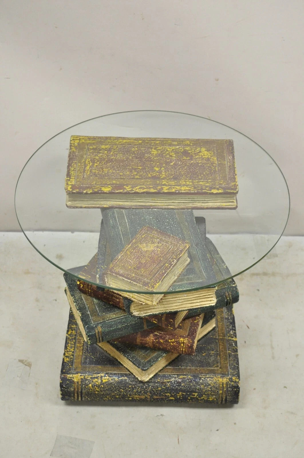 Vintage Regency Style Figural Faux Stacked Book Form Round Glass Top Side Table