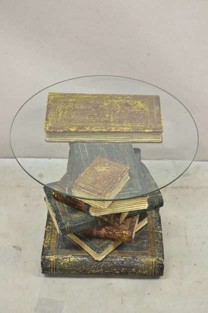 Vintage Regency Style Figural Faux Stacked Book Form Round Glass Top Side Table